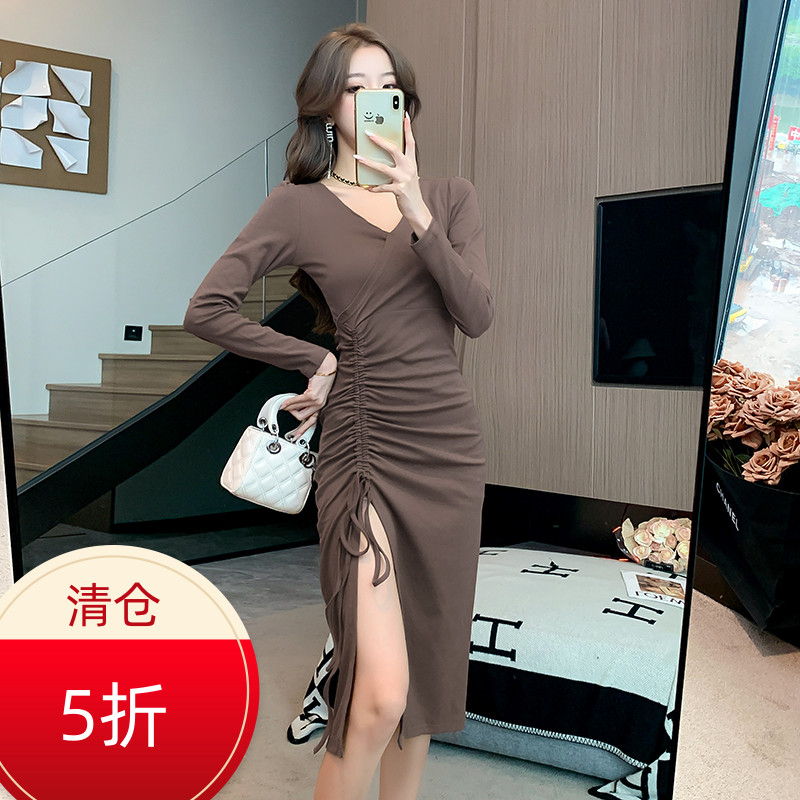 御姐风性感开叉抽绳连衣裙收腰褶皱设计感秋装女显身材紧身包臀裙