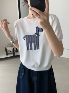 设计师女装2026春夏新款小众设计感彩虹小马刺绣短袖T恤上衣