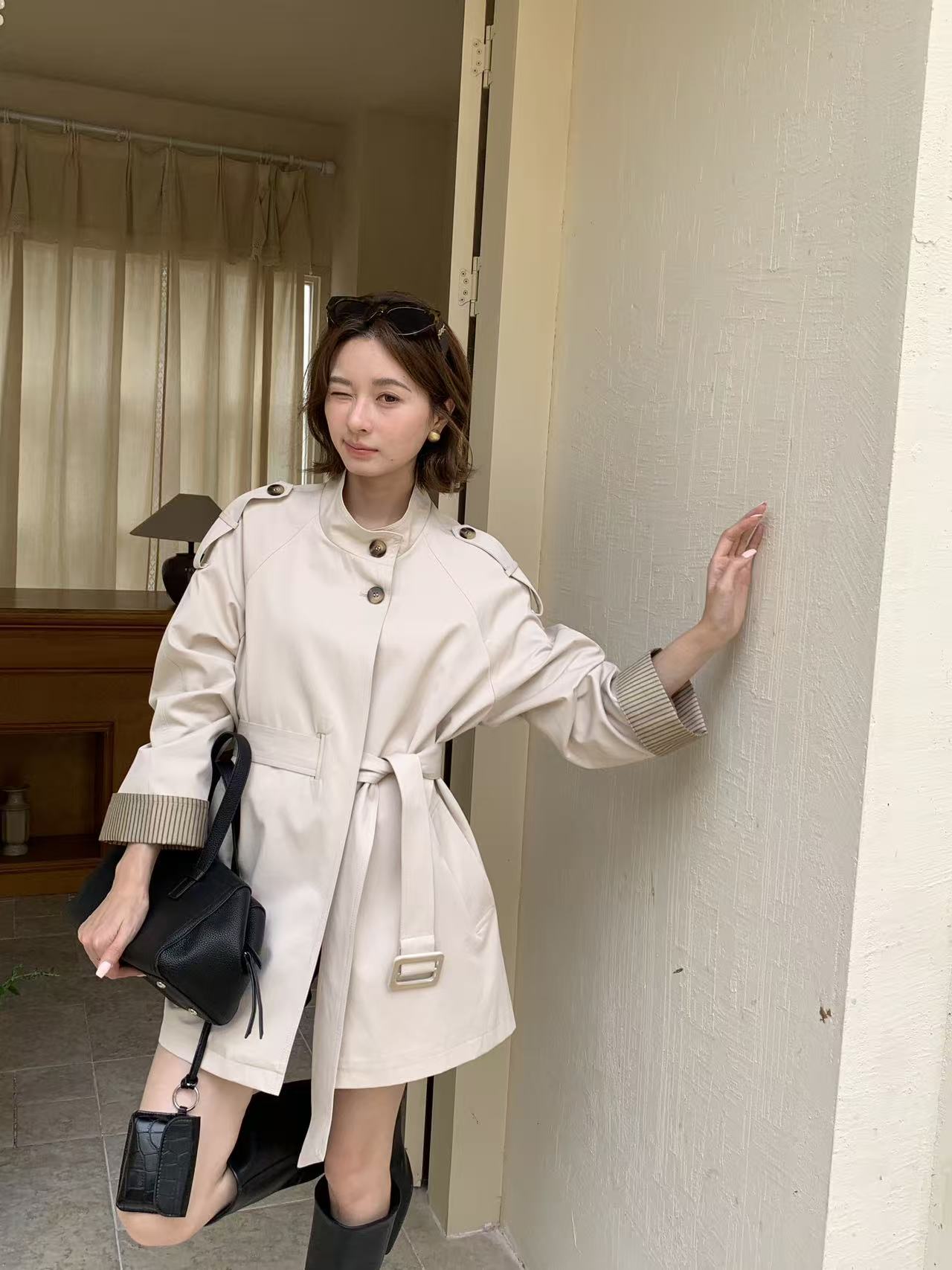 2026立领高级感宽松垂感风衣女腰带显瘦百搭中长风衣
