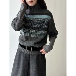 叠穿短袖 法式 新款 女冬季 毛衣s 韩系半高领复古条纹套头针织衫