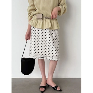 法式 抽绳收腰木耳边轻盈垂坠A字裙 法国复古波点半身裙女2026夏季