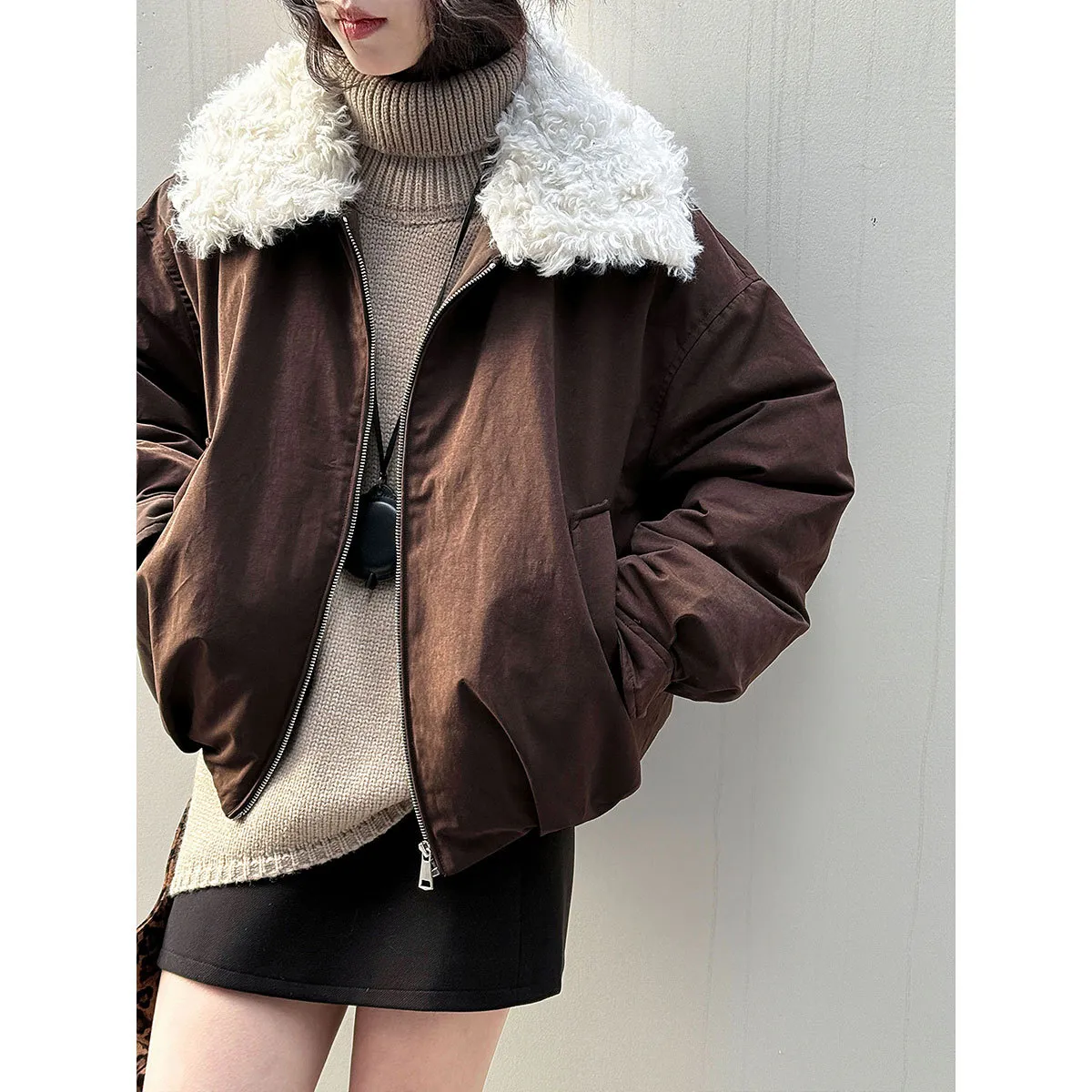 法式美式复古巴恩风90白鸭绒冬季外套短款毛领派克羽绒服女Y