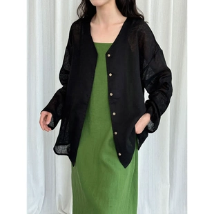 法国100苎麻韩系简约衬衫 新款 轻薄防晒长袖 衬衣外套51 女夏季