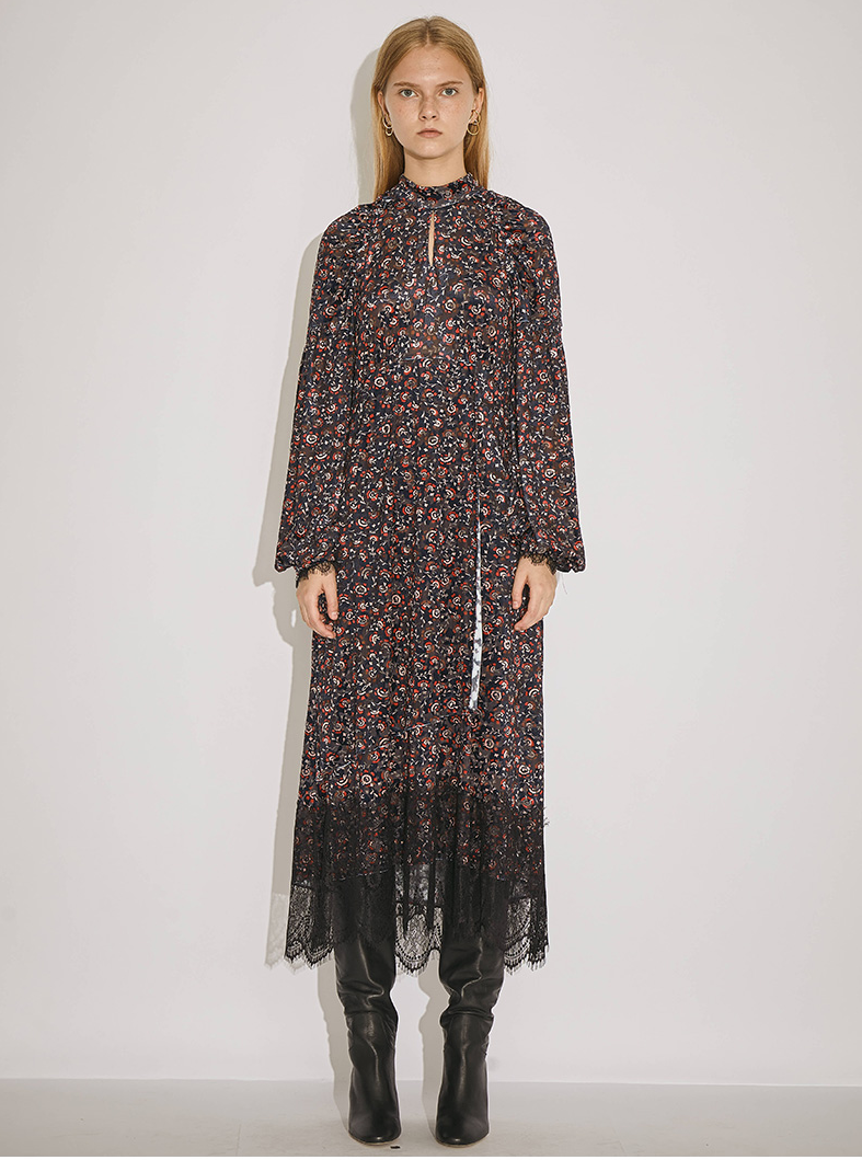 Basic House/百家好休闲小碎花长连衣裙拼接蕾丝少量HTOP722H-898