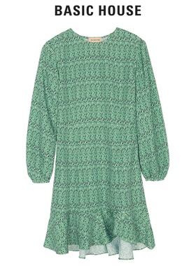 Basic House/百家好秋女印花后背镂空长袖连衣裙少量HTOP527A-598