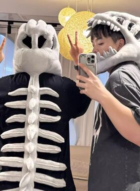 恐龙骨架头套新款中华恐龙骨架头套毛绒玩具搞怪外骨骼玩偶恐龙头