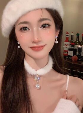 毛毛颈圈雪花新款项链珍珠项链秋冬choker毛毛毛绒锁骨项圈高级颈