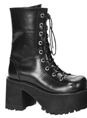 美国Pleaser/Demonia10.2cm黑色厚底马丁靴系带内侧拉链短靴女靴