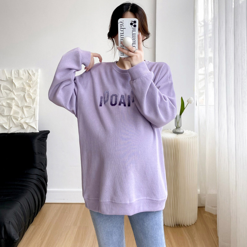 임산부 가을 상의 패셔너블한 풀오버 한국식 긴팔 면 티셔츠 중간 길이 루즈한 대형 여성 캐주얼 스웨트셔츠