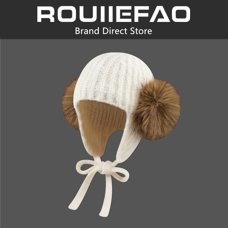 ROUIIEFAO可爱毛球针织护耳帽子女冬季保暖包头毛线帽防寒雷锋帽