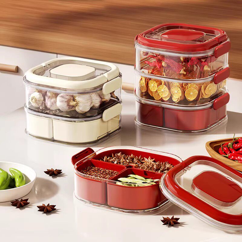 手提二层干果盒小号零食糖果盒红色三层分隔密封大料盒坚果盒饭盒