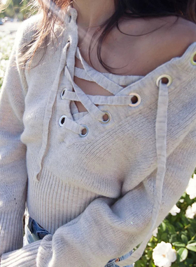 清仓 欧美风秋冬爆款针织衫性感深V露肩胸前绑带毛衣女学生外套潮