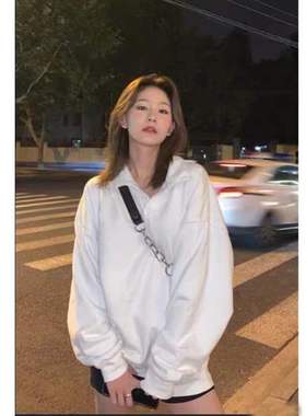 欧美女复古白色翻领男友风BF宽松简约显瘦百搭套头加绒卫衣秋冬