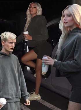 欧美风街头女加绒做旧灰色连帽纯色宽松短款长袖套头卫衣冬季常规