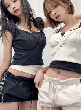 现货 欧美辣妹风夏韩版时尚百搭显瘦一字肩U领短袖T上衣无袖背心