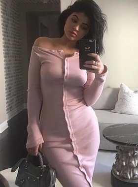 欧美风性感一字肩前排扣修身显瘦超长袖连衣裙弹力包臀裙复古女