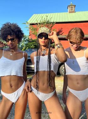 美式白色微透性感辣妹B备女蕾丝花边波西尼亚风百搭短吊带背心