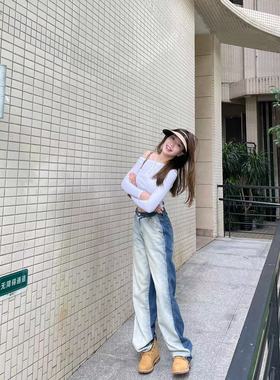 欧美超辣妹ins斜肩长袖T恤针织衫上衣小心机修身百搭纯色打底衫