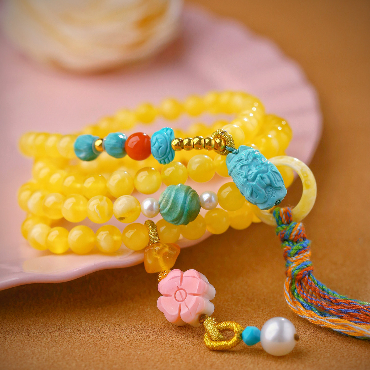 桃花美人相映红丨蜜蜡多圈手串项链 18k金 绿松石