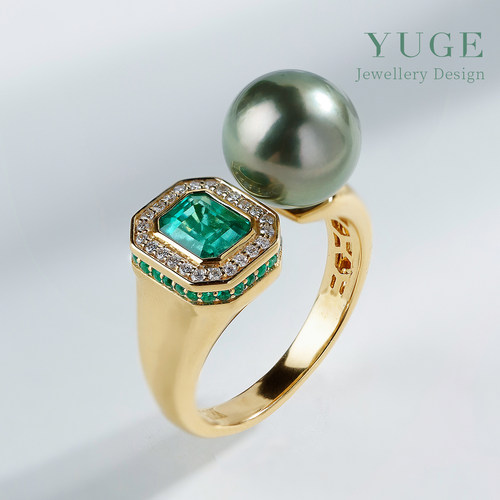 1.62克拉无油赞比亚祖母绿玻璃体 大溪地珍珠戒指 财禄方至皆令圆