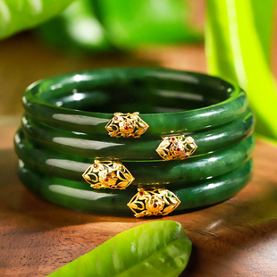 满堂富贵·原创设计 菠菜绿碧玉手镯 精致年轻叮当镯子 18K金彩宝