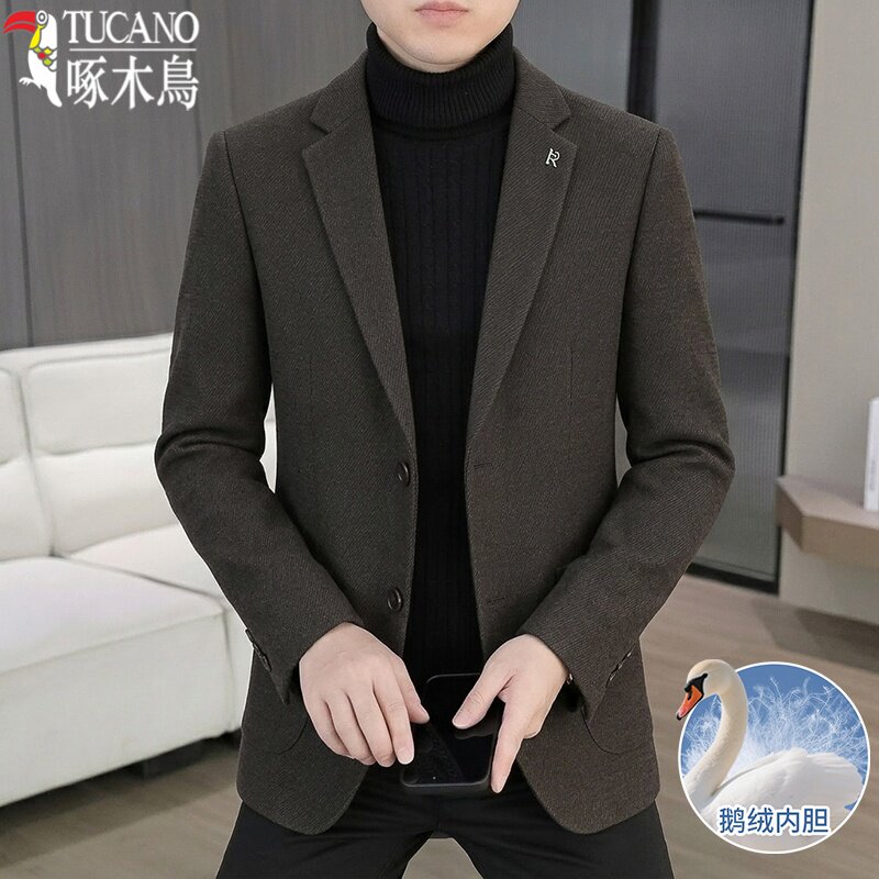啄木鸟西装秋冬季男士加厚保暖鹅绒内胆西服休闲单西外套上衣翻领