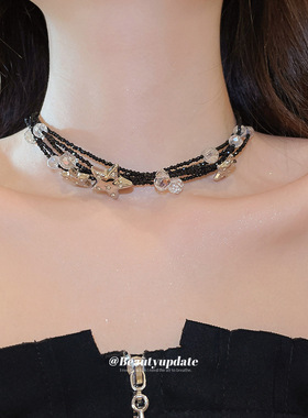 深海星星复古高级感黑色串珠项链女轻奢五角星叠戴颈链choker