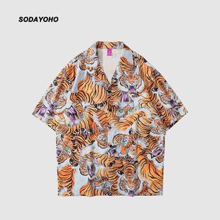 衬衫 SODAYOHO复古休闲百虎图案WACKO MARIA夏威夷沙滩古巴领短袖