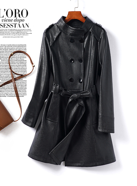 真皮皮衣女中长款立领黑色显瘦双排扣系带春秋海宁新款绵羊皮外套