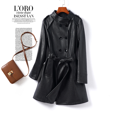 真皮皮衣女中长款黑色收腰气质