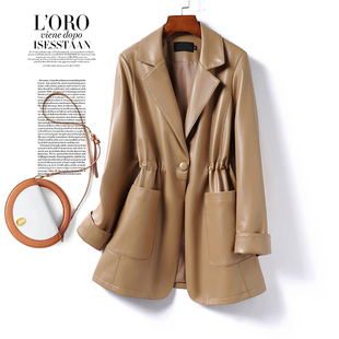 绵羊皮外套女中长西装领收腰气质卡其色皮夹克春秋新款高端真皮衣