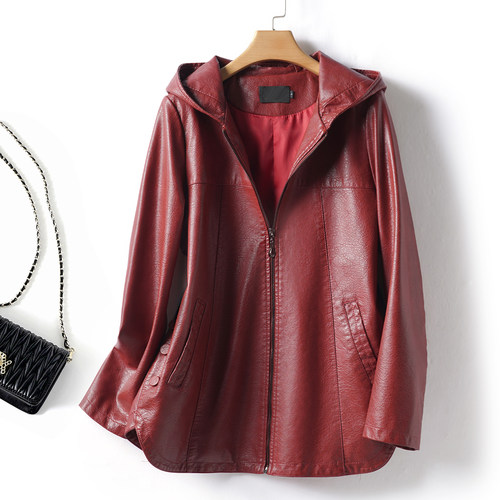 绵羊皮衣女士连帽加大加肥皮夹克