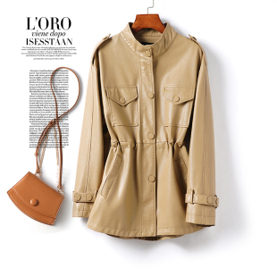 真皮衣女常规立领收腰驼色韩版外套春秋海宁新款绵羊皮夹克小个子