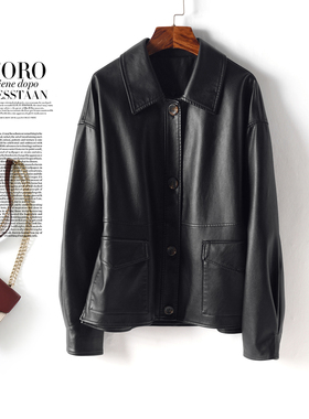 海宁皮衣女常规翻领黑色宽松加大码皮夹克2025新款秋冬绵羊皮外套