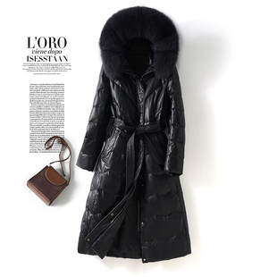海宁绵羊皮羽绒服女中长黑色连帽狐狸毛领90白鸭绒冬季外套真皮衣