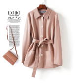 海宁皮衣女中长翻领系带收腰减龄绵羊皮外套春秋新款 真皮夹克