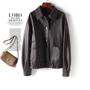 复古绵羊皮外套秋冬休闲宽松皮夹克 翻领时尚 2025新款 真皮衣女短款