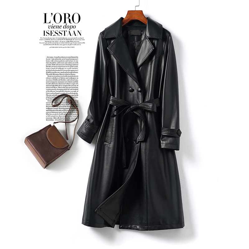 海宁皮衣中长款黑色气质系带收腰