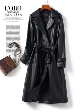 皮衣女真皮外套中长黑色双排扣系带气质皮大衣秋冬新款绵羊皮海宁