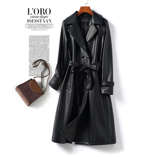 皮衣女真皮外套中长黑色双排扣系带气质皮大衣春秋新款 绵羊皮海宁