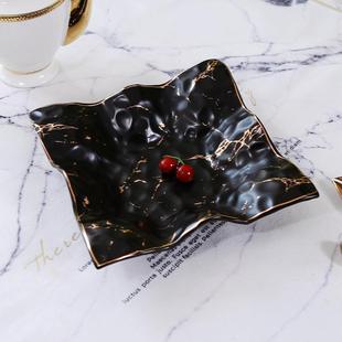 北欧风格 工艺烫金黑釉陶瓷创意艺术盘纯色水果盘摆盘纯黑餐盘瑕疵