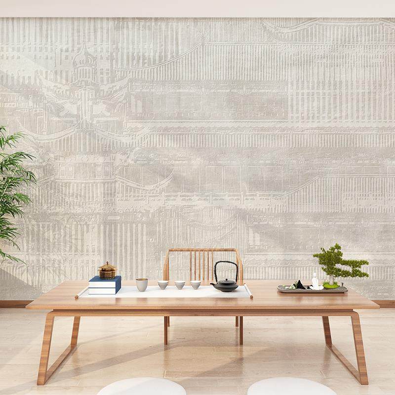 中式覆古餐厅包厢壁纸阁楼山水背景墙纸壁布饭店包间装修定制壁画