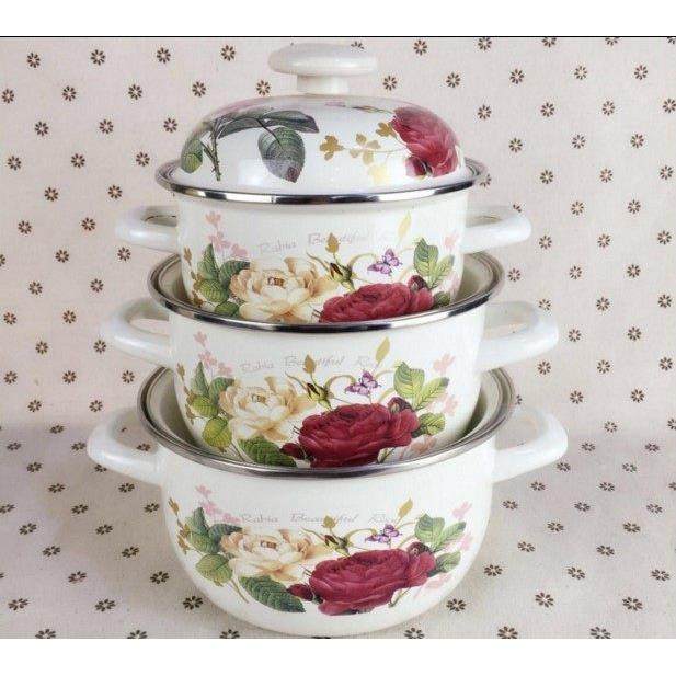 加厚珐琅瓷家用双耳16-20三件套搪瓷汤锅燃气电磁炉通用/可煲中药