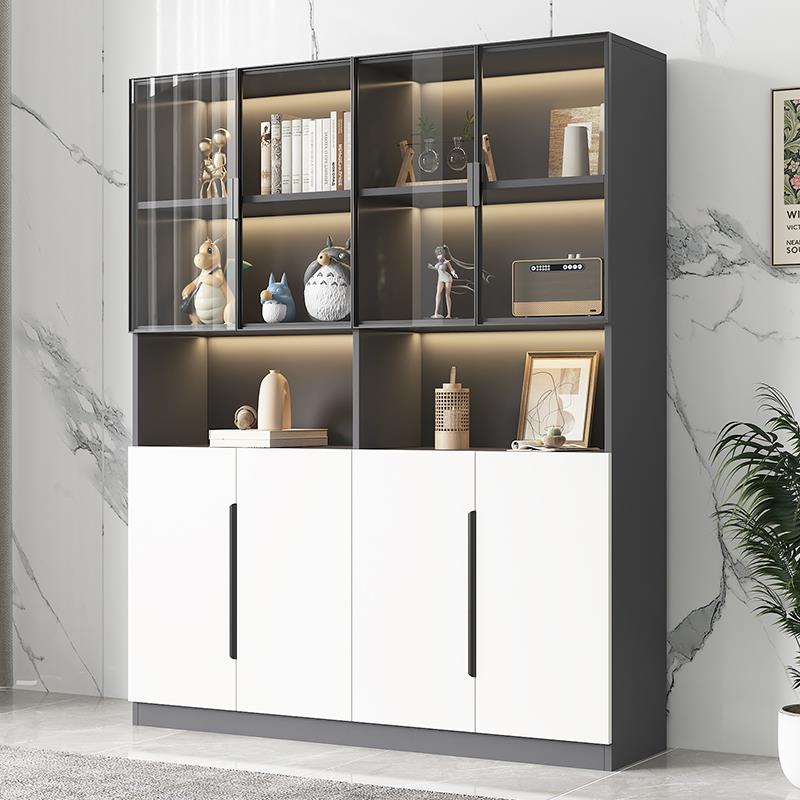 书房书柜带玻璃门展示酒柜实木轻奢家用客厅一体整墙到顶书架定制