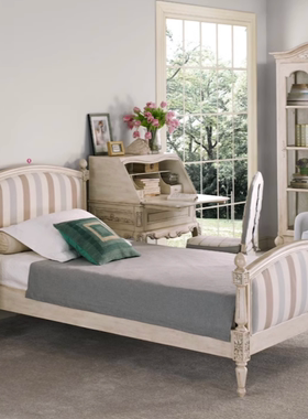 正版现货法式地中海条格布米白色木架1.2米单人床爆亏狂甩一口价