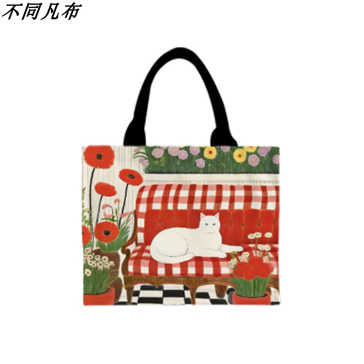 红色花园小猫可爱印花托特帆布包书袋旅行日常百搭女学生手提布袋
