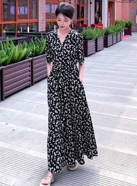 高个子女长裙夏170加长版到脚踝超长款春秋法式雪纺碎花连衣裙175