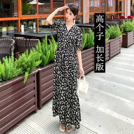 高个子加长版连衣裙女夏季175超长款到脚踝法式气质雪纺碎花裙170
