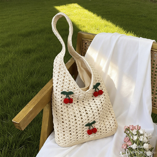 春夏镂空樱桃单肩包大容量度假托特包 文艺风针织编织包女2026新款