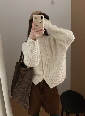 韩系简约风气质麻花加厚毛衣外套女秋冬新款设计感百搭针织衫上衣